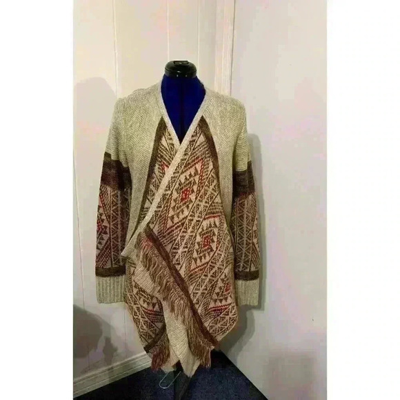Lucky Cardigan Aztec Southwestern Fringe Asymetrical Open Sweater Womens  Large - Picture 2 of 11